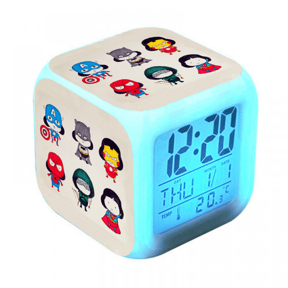 Hfnggwee Digital Alarm Clock for Kids, Cartoon Superhero Pattern 7 LED Color Changing Wake Up Clock with Thermometer Function and Night Light, Gift for Boys Girls A93-1468 NZ113-899