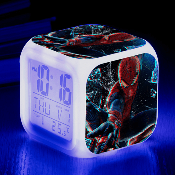 Hfnggwee Digital Alarm Clock for Kids, Spider-Man Pattern 7 LED Color Changing Wake Up Clock with Thermometer Function and Night Light, Gift for Boys Girls A93-119 NZ113-680