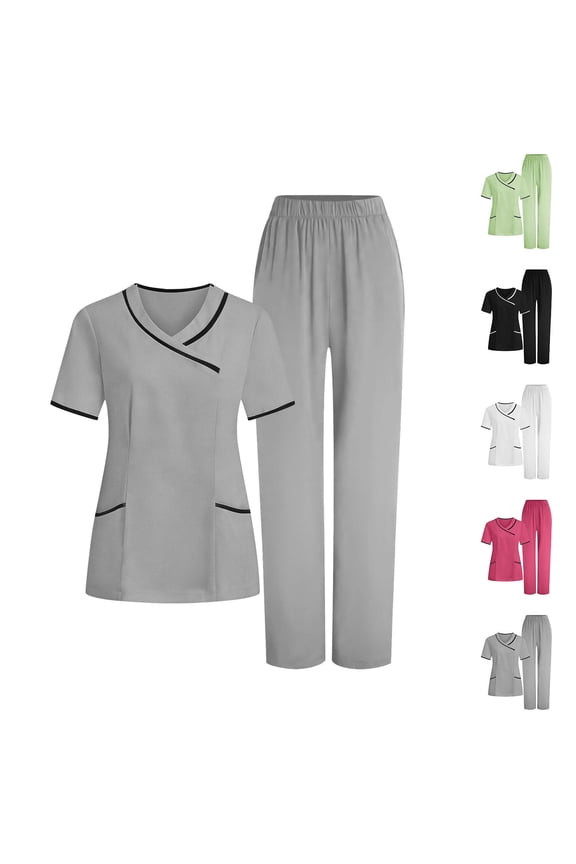 Hfnxid 2 Piece Sets for Women Summer Scrubs Set Casual V Neck Top Wide Leg Pants Work Uniform Loose Fit Nurse Scrubs Set