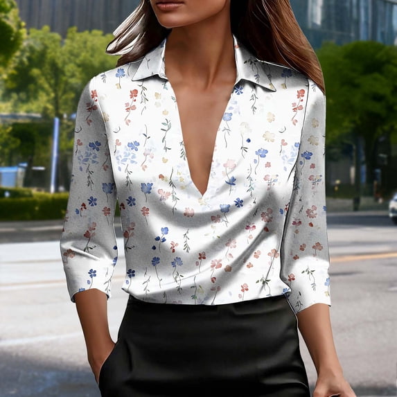 Hfnxid 3/4 Length Sleeve Top for Womens Dressy Pleated Henley V-Neck Tops Summer Loose Fit Tunic Blouse Lightweight Breathable Business T-Shirts White XXL