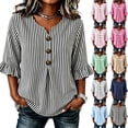 thumbnail image 1 of Hfnxid 3/4 Sleeve T Shirts for Women Loose Fit Striped Ruffle Shirt Button Up V Neck Blouses Dressy Casual Fall Clothes Black L, 1 of 6