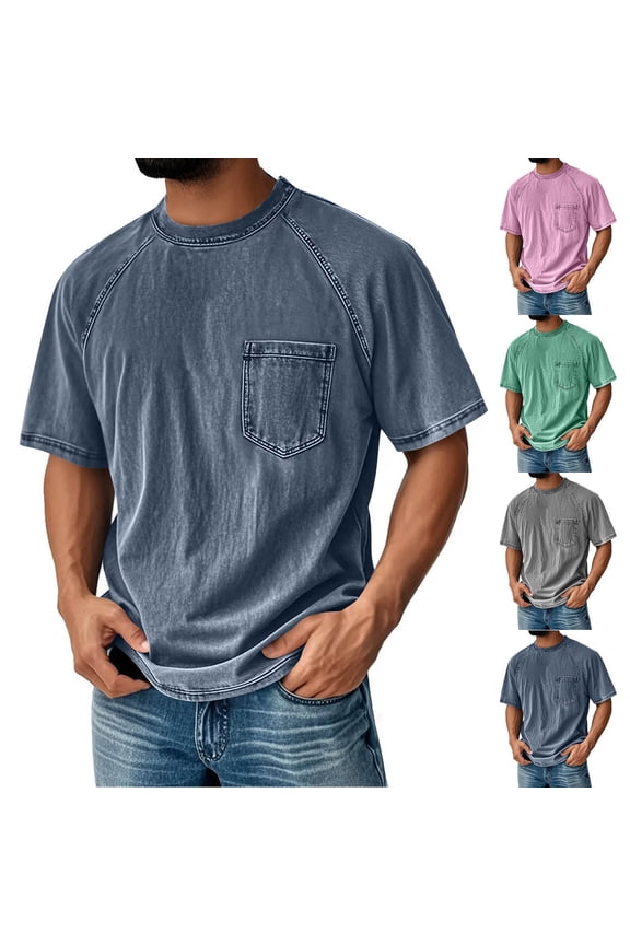 Hfnxid Big and Tall Men's Vintage Short Sleeve Shirt Solid Color Casual T-Shirt Fashion Crew Neck Tee with Pocket Navy XXXL