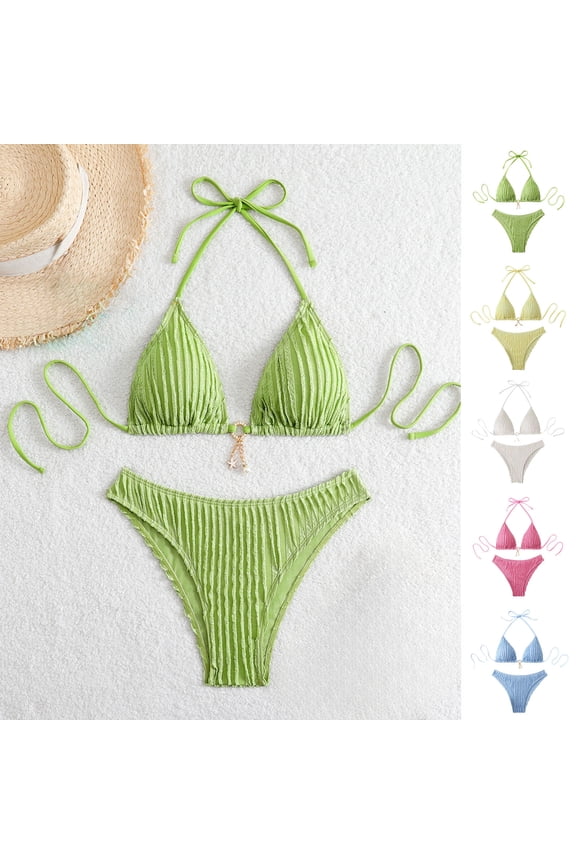 Hfnxid Bikini Sets for Women 2 Piece Textured Halter Triangle Swimsuit Fashion High Cut Side Tie Swimsuits Lightweight Comfy Beach Vacation Swimwear Yellow L