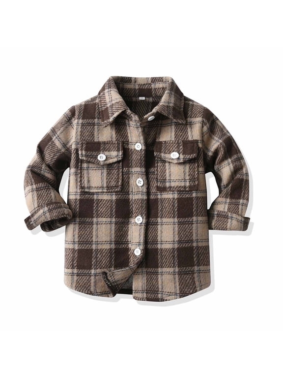 Hfnxid Boys Girls Plaid Flannel Jacket Long Sleeve Button Down Shirt Soft Casual Outerwear Clothes with Pockets Brown,6-12 Months