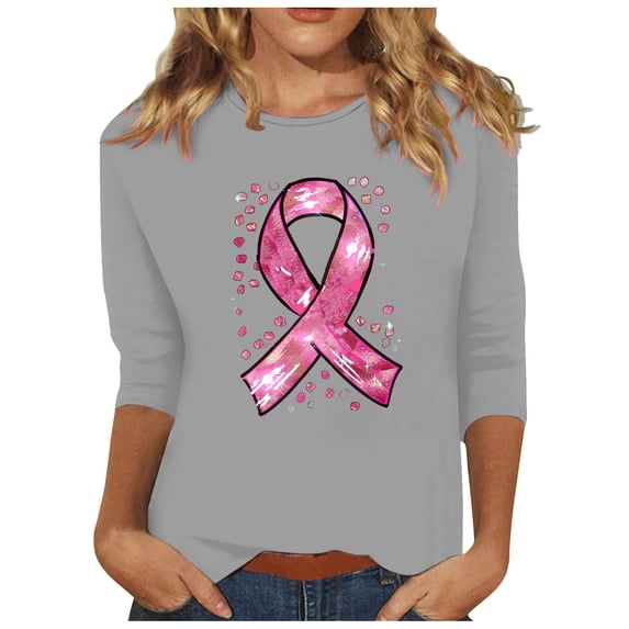 Hfnxid Breast Cancer Awareness Tshirt Shirts for Women 3/4 Sleeve Pink Ribbon Graphic T-Shirt Crew Neck Inspirational Hope Top