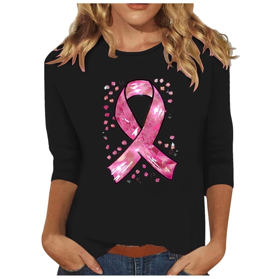 Hfnxid Breast Cancer Awareness Tshirt Shirts for Women 3/4 Sleeve Pink Ribbon Graphic T-Shirt Crew Neck Inspirational Hope Top