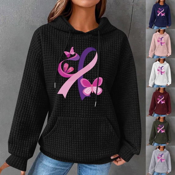 Hfnxid Breast Cancer Hoodie for Women Pink Ribbon Heart Crewneck Sweatshirt Waffle Long Sleeve Awareness Support Pullover Tops