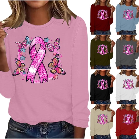 Hfnxid Breast Cancer Shirts for Women Pink Ribbon Graphic Print Tee Loose Fit Long Sleeve Pullover Tops Gray,L
