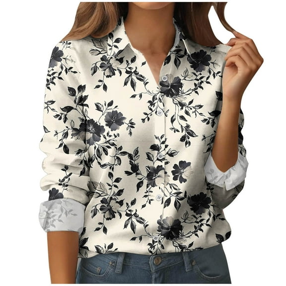 Hfnxid Button Down Shirts for Women Dressy Floral Printed Long Sleeve Blouse Collared Business Casual Work Tops