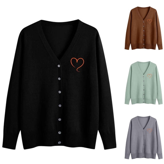 Hfnxid Cardigan Sweaters for Women Embroidered Button Down V-Neck Sweater Soft Lightweight Knit Coat Solid Casual Open Front Tops Brown XL