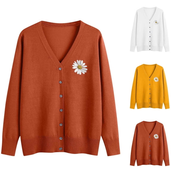 Hfnxid Cardigan Sweaters for Women Embroidered Button Down V-Neck Sweater Soft Lightweight Knit Coat Solid Casual Open Front Tops White XXXL