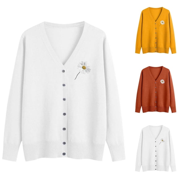 Hfnxid Cardigan Sweaters for Women Embroidered Button Down V-Neck Sweater Soft Lightweight Knit Coat Solid Casual Open Front Tops White XXXL