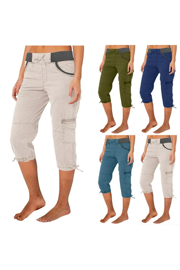 Hfnxid Cargo Capris Pant for Women Lightweight Elastic Waist Pants Fashion Comfy Breathable Trouser Summer Casual Vacation Trousers With Pocket Army Green L