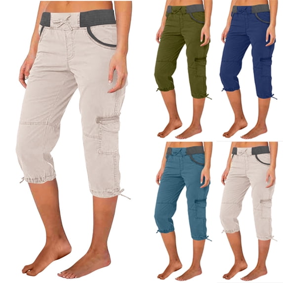 Hfnxid Cargo Capris Pant for Women Lightweight Elastic Waist Pants Fashion Comfy Breathable Trouser Summer Casual Vacation Trousers With Pocket Beige S