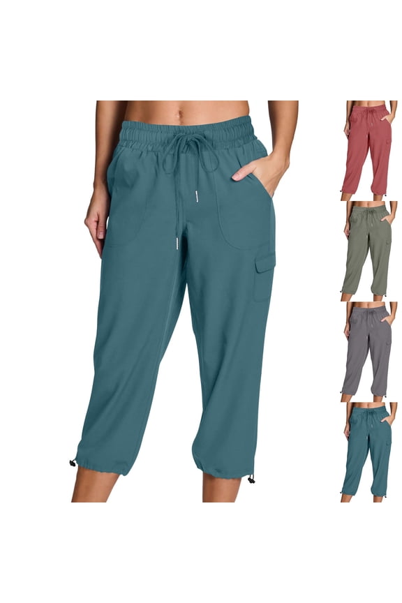 Hfnxid Cargo Capris Pants for Women Elastic Waist Wide Leg Pant Drawstring Workout Straight Leg Trouser Outdoor Loose Fit Althetic Trouser Green S