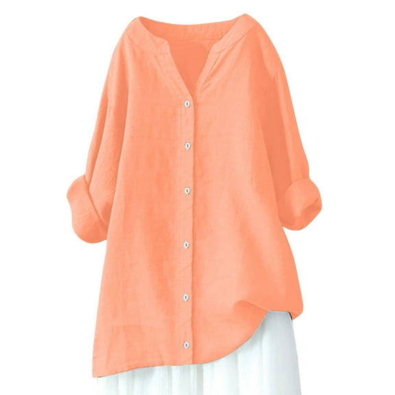 Hfnxid Cotton Linen Shirt for Women Button Down V Neck Shirts Tunic Gauze Blouses Casual Long Sleeve Shirt Summer Tops