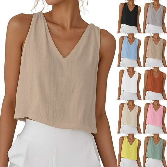 Hfnxid Cotton Linen Tank Tops fot Women V Neck Sleeveless Shirt Trendy Casual Basic Blouses Summer Vocation Loose Fit Tanks