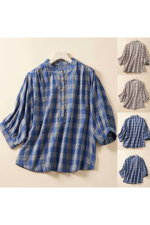 Cotton Linen Shirts for Women Plaid 3/4 Length Sleeve Top Loose Fit Round Neck Tops Summer Solid Color Vocation Shirt