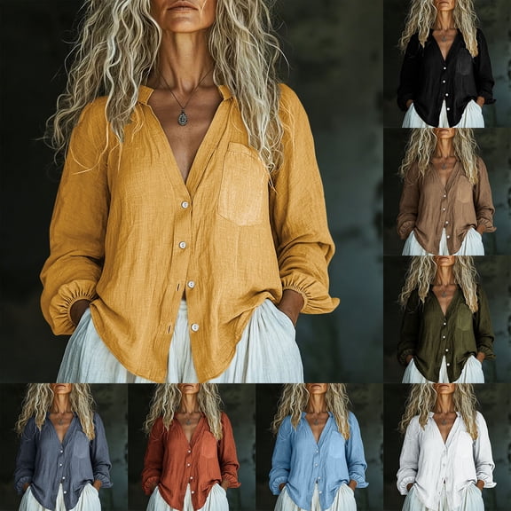 Hfnxid Cotton Linen Tops for Women V Neck Button Down Loose Sleeve Shirt Summer Fashion Loose Fit Top Casual Work Comfy Blouses