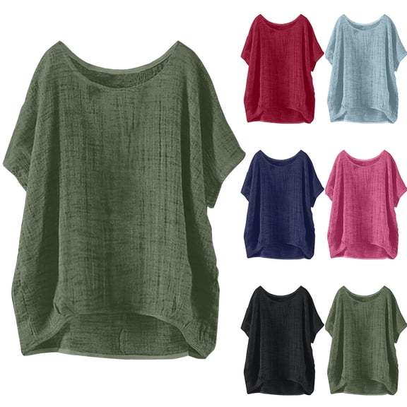 Hfnxid Cotton Linen Top for Women Crewneck Plus Size Short Sleeve Shirt Summer Fashion Casual Tops Loose Fit Comfy Blouses