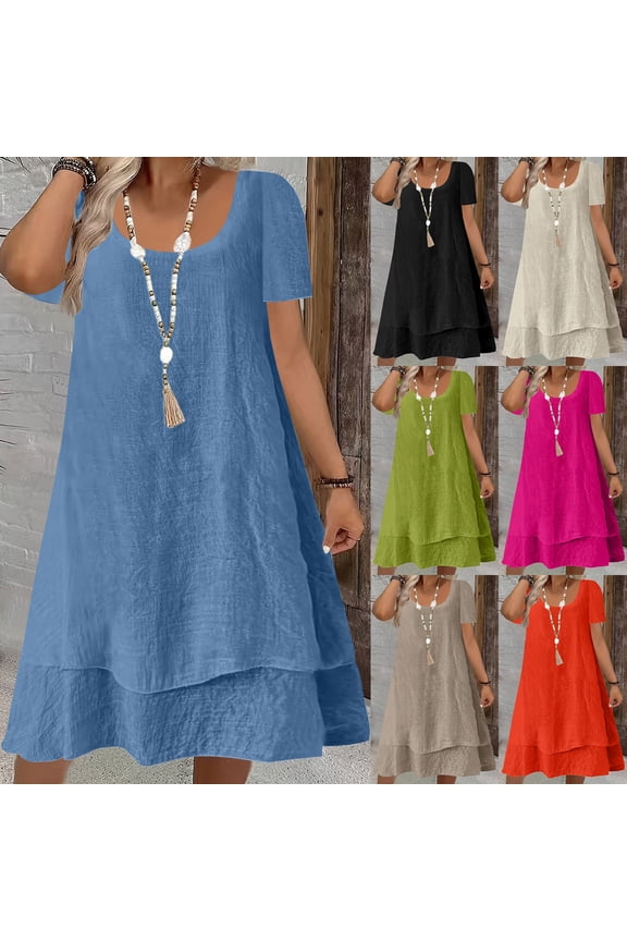 Dresses for Women Casual Scoop Neck Wedding Dress Guest Loose Fit Short Sleeve Frock Fashion Lightweight Comfy Beach Vacation Cover Ups Green M