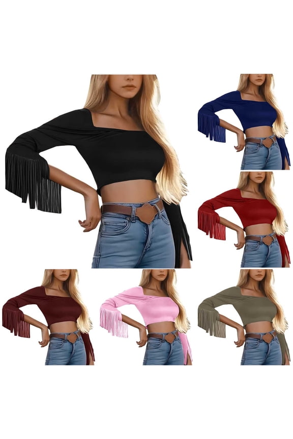 Hfnxid Fringe Tops for Women Off The Shoulder Long Sleeve Shirt Tassels Stretchy Crop Blouse Fashion Loose Fit Vacation Blouses Pink XXL