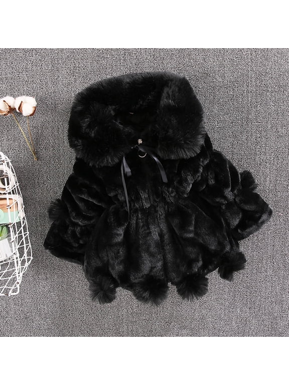 Hfnxid Girls Fleece Hooded Coat Faux Fur Zip Up Jacket Plush Winter Warm Coats Cozzy Ticken Coats 1-6 Years 2-3 Years,Black