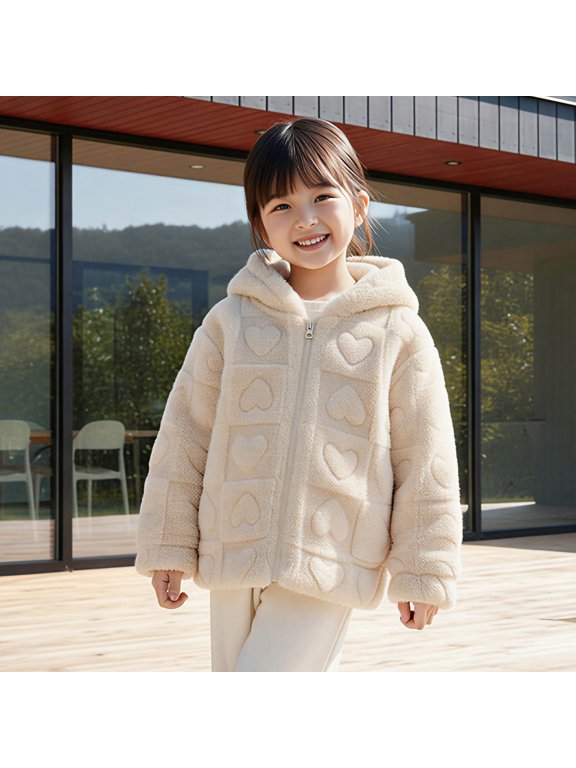Hfnxid Girls Fleece Hooded Jacket Heart Pattern Zip Up Coat Winter Plush Warm Outerwear Soft Cute Jackets 6 Years,Beige