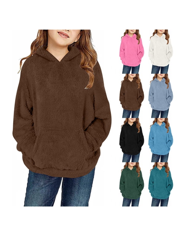 Hfnxid Girls Fuzzy Sherpa Fleece Pullover Hoodie Warm Fluffy Hooded Sweatshirt Coat with Pocket Black,7 Years
