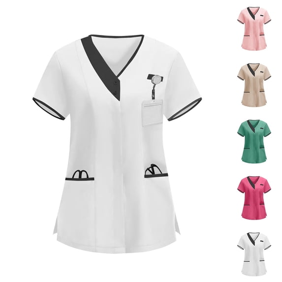 Hfnxid Housekeeping Uniforms for Women Plus Size Lightweight Scrubs Top Breathable Soft Work Blouse Color Block Loose Fit Nursing Uniform Blouse White S