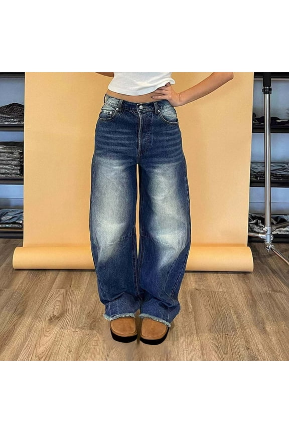 Hfnxid Jeans for Women Stretchy Loose Fit Baggy Retro Denim Trouser Casual Comfy Wide Leg Denim Pants Fashion Elastic Tunic Y2K Jean Dark Blue S