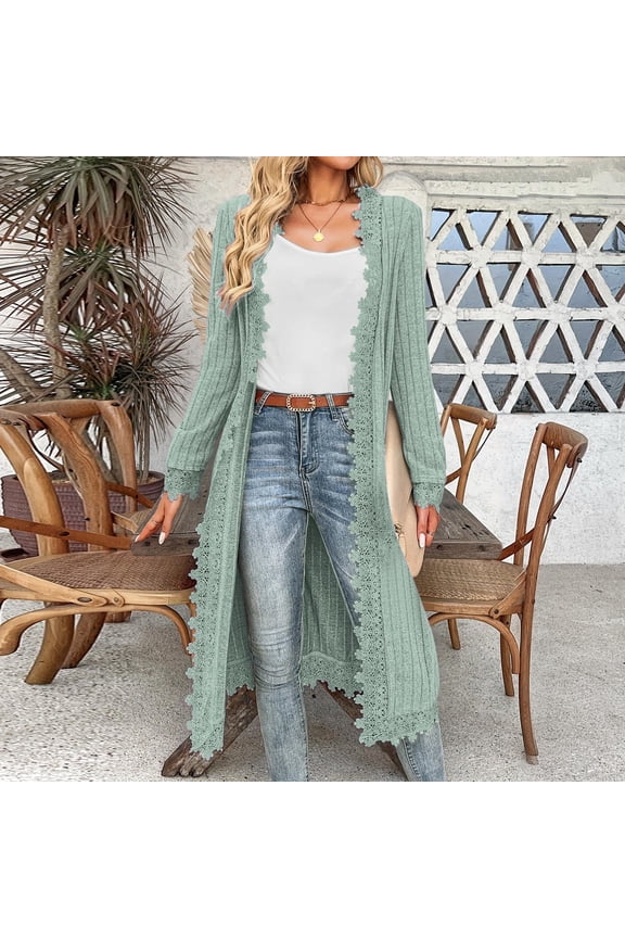 Hfnxid Knit Cardigan for Women Long Lace Trim Open Front Cardigans Lightweight Long Sleeve Cover Ups Fall Casual Sweater Mint Green M