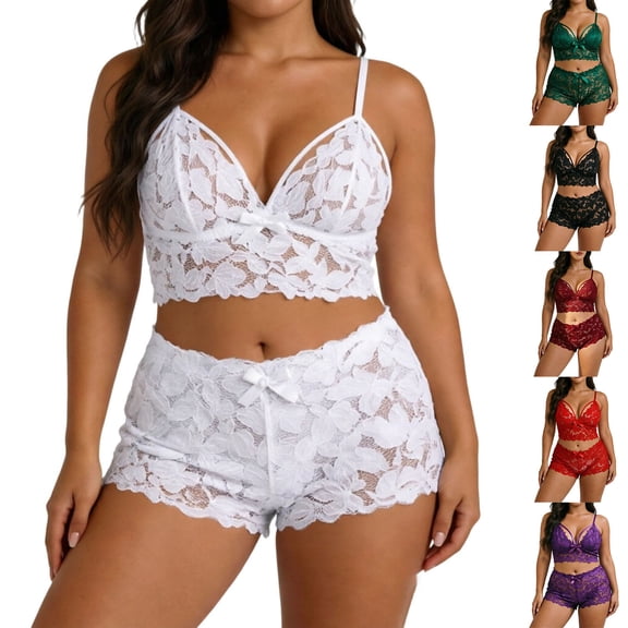 Hfnxid Lace Pajamas Set Women Sheer Floral High Waist Sleepwear Bra and Panty 2 Piece Nightwear