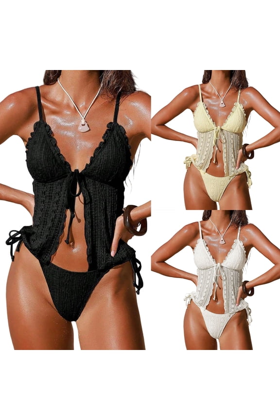 Hfnxid Lace Tankini Sets for Women Two Piece Tie Front Bathsuit Set High Cut Thong Swimsuit Summer Beach Floral Lace Bathing Suit Yellow M