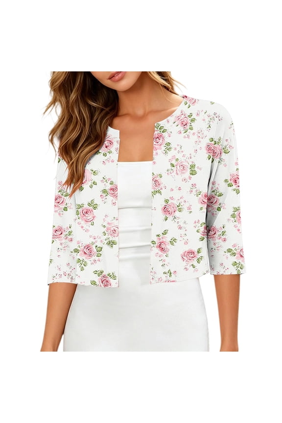 Lightweight Cardigan Women Floral Print 3/4 Sleeve Capelets for Women Open Front Cropped Cardigans