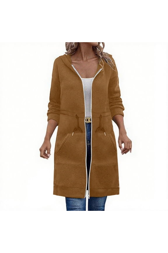 Long Hoodies for Women Zip Up Tunic Hooded Sweatshirts Lightweight Drawstring Waist Hoodie Jackets Fall Casual Coat with Pockets