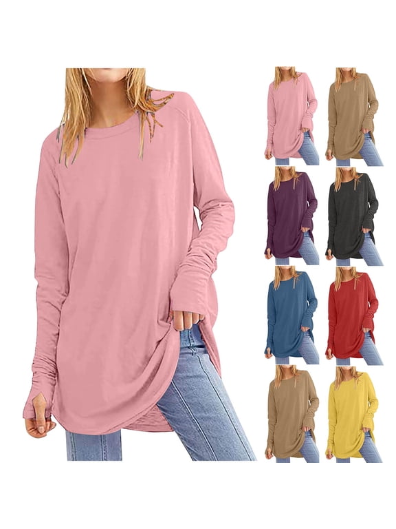 Hfnxid Long Sleeve Shirts for Women Loose Fit Casual Tops Breathable Crewneck Blouses Fall Winter Comfort Solid Color Tees Dark Gray XXXL