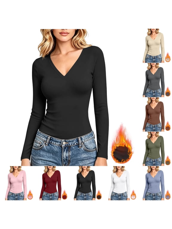 Hfnxid Long Sleeve V Neck Tops Womens Slim Fit Thermal Underwear Shirts Soft Layer Top Base Tees