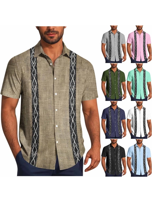Men Short Sleeve Guayabera Shirts Summer Button Down Shirt Mexican Embroidered Cuban Wedding Shirt Summer Beach Tops