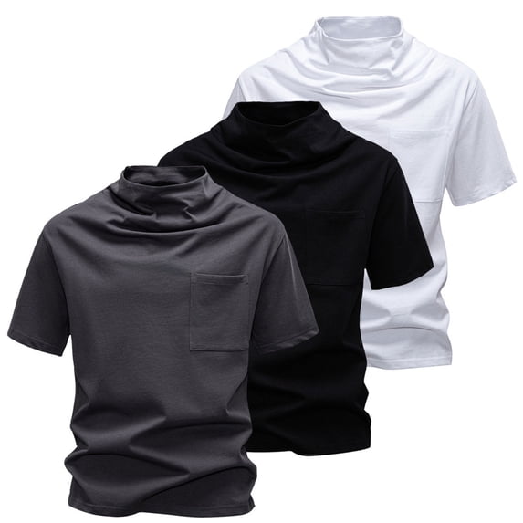 Hfnxid Men's Casual T-Shirts Mock Turtleneck Pullover Tops Short Sleeve Loose Fit T-Shirt Summer Basic Solid Color Tees with Pocket Dark Gray M