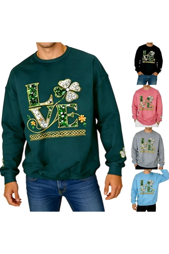 Hfnxid Men's St. Patrick Day Top Crewneck Long Sleeve Shirt Love Clover Print Stylish Shirts Casual Workout Pullovers Tee Shirts Blue M