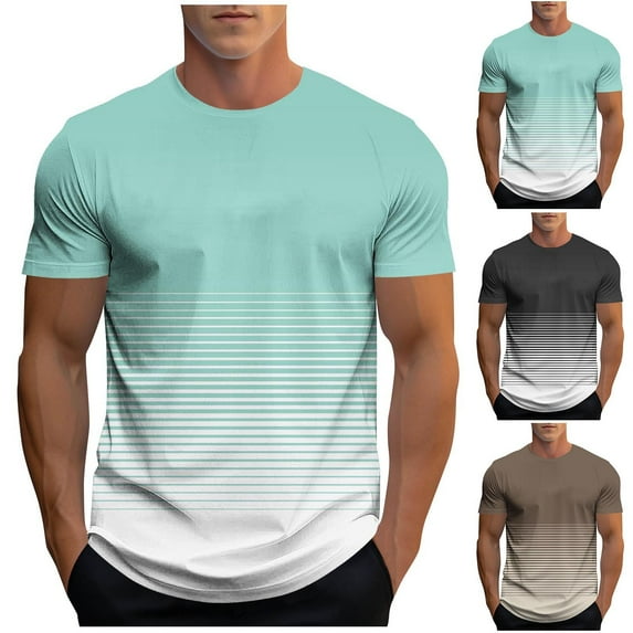 Hfnxid Men's Summer Top Slim Gradient Short Sleeve T-Shirt Fashion Striped Crew Neck Tops Casual Comfy Stretchy Athletic Pullover Tee Light Blue M