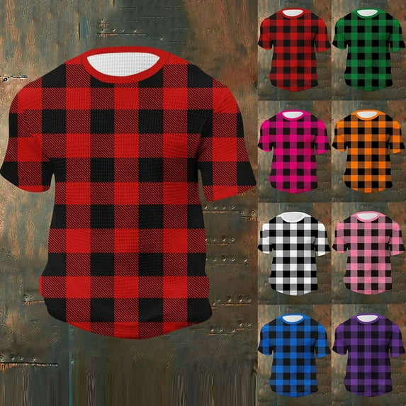 Hfnxid Men's T-Shirt Big and Tall Crewneck Checkered Short Sleeve Tee Fashion Plaid Print Shirt Summer Loose Fit Breathable Outdoor Tops Hot Pink L