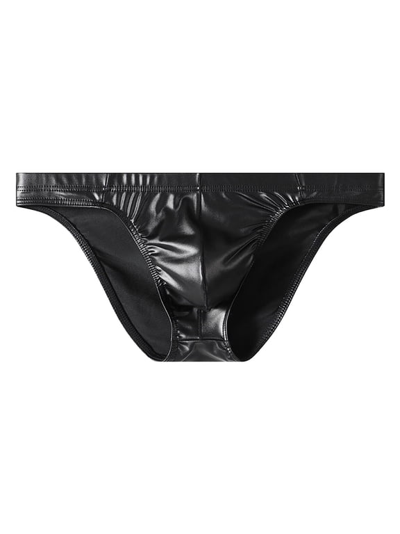 Mens Faux Leather Bikini Briefs Low Rise Bulge Pouch Underwear Shiny Glossy Elastic Waistband Triangle Underpants Clubwear Bottoms