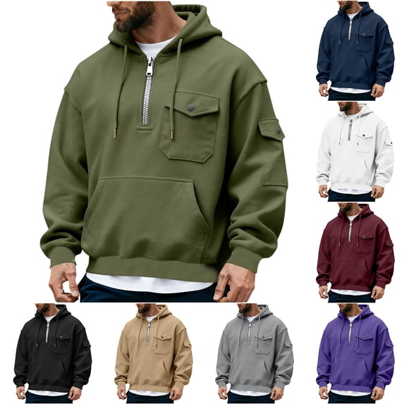 Hfnxid Mens Half Zip Hoodies Loose Long Sleeve Sweatshirts Pockets 1/4 Zipper Casual Sweatshirt Fashion Fall Pullover Gray,L