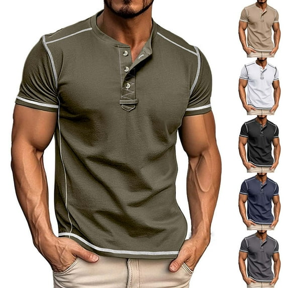 Hfnxid Mens Henley Shirts Striped Short Sleeve Shirt Casual Basic Business Tee Summer Fashion Solid Button T Shirts Black XXXL