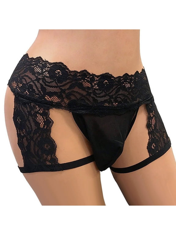 Mens Lace Underwear Bulge Pouch Thong Briefs Open Back Strappy Leg Harness G-String Cutout Lingerie Low Rise T-Back Underpants