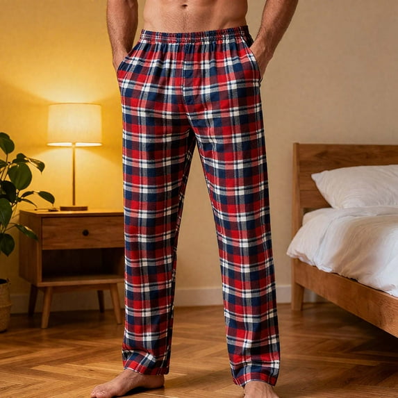 Hfnxid Mens Pajama Pants Elastic Waist Bottoms Fleece Lounge Pant Sleepwear Plaid Printed PJs with Pockets Microfleece Wine S