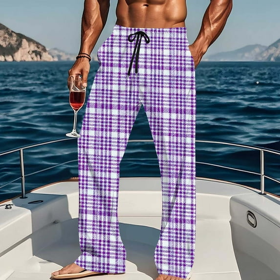 Hfnxid Mens Pajama Pants Fashion Lightweight Funny PJ Plaid Printed Elastic Waist Drawstring Trouser Comfy Soft Lounge Pant with Pockets Purple XXL
