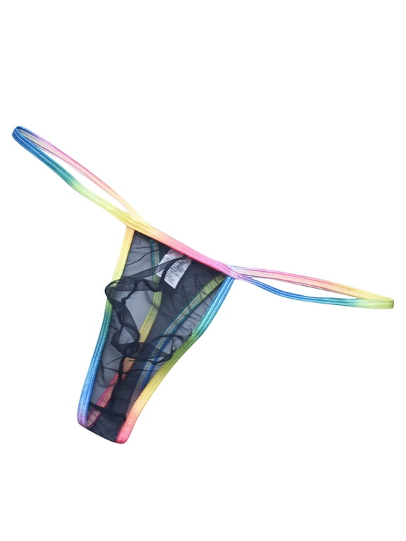Mens Rainbow Striped Sheer Mesh Thong Low Rise Bulge Pouch G String Underwear Breathable T-Back Bikini Briefs Underpants Lingerie